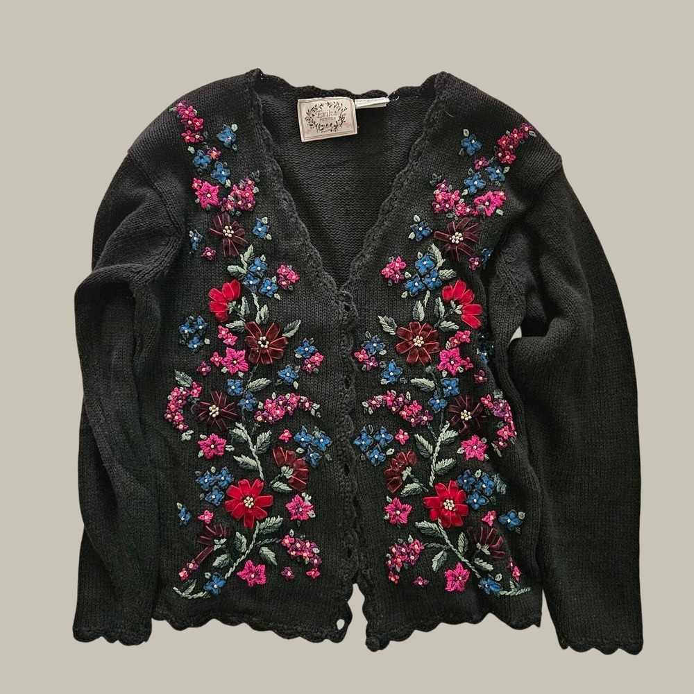 Vintage Cardigan Sweater Women Floral Embroidered Cotton Raime Whimsical Astray